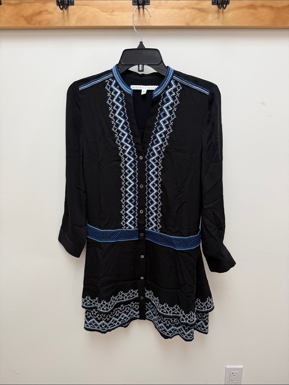 Veronica Beard Black Tunic with Blue and White Embroidered Trim